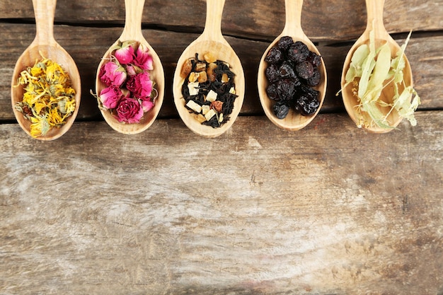 Collection of tea and natural additives in wooden spoons on old wooden table