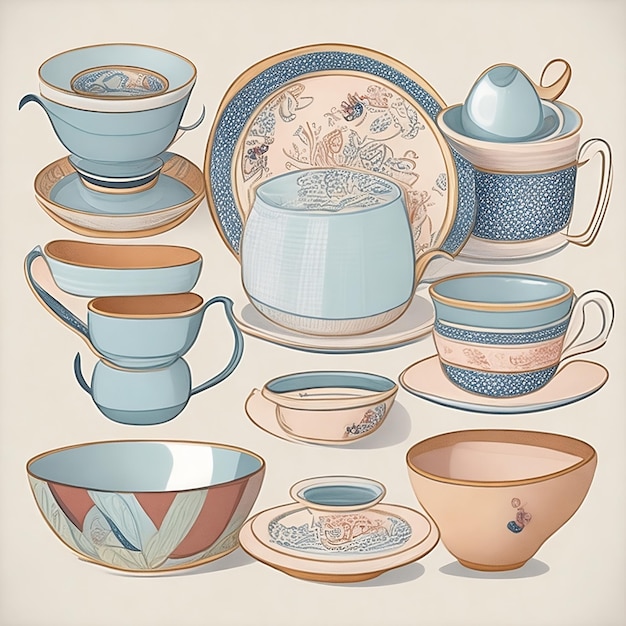 A collection of teacups and teacups with a floral pattern illustration of ceramic kitchen cups