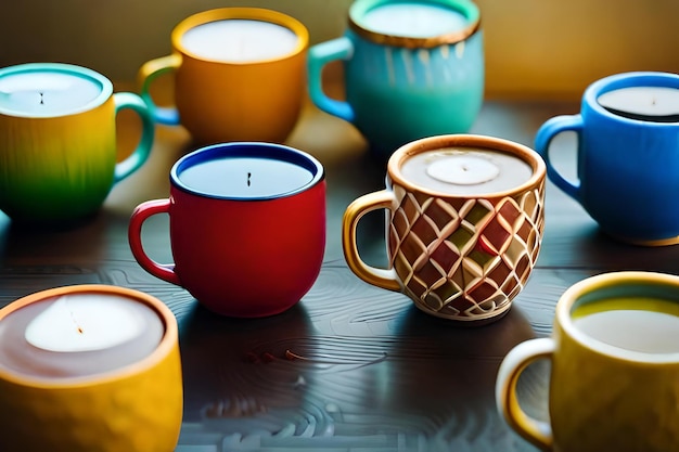 A collection of teacups with a candle in the middle.