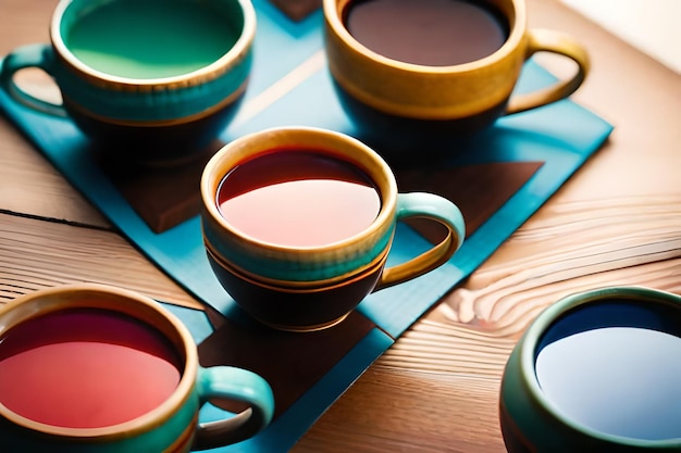 a collection of teacups with different colors and shapes.