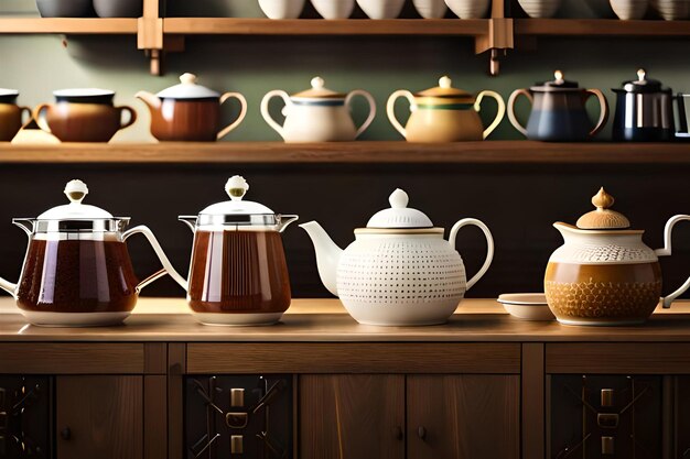 a collection of teapots on a shelf with a shelf full of pots and pans.