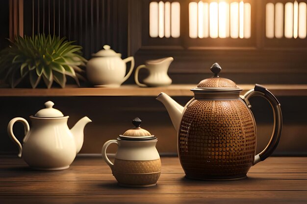 a collection of teapots on a wooden table with a pot on the table