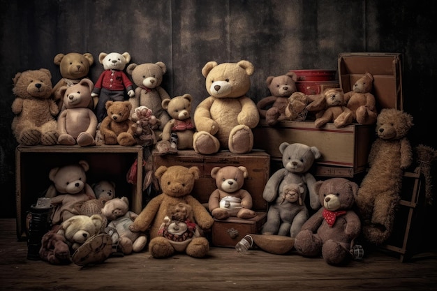 A collection of teddy bears are sitting