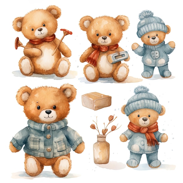 Foto una collezione di orsacchiotti tra cui uno che ha un cappello che dice teddy