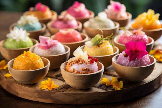 Photo collection of thai desserts in wooden