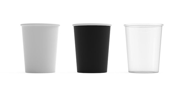 3 개의 일회용 종이 컵의 컬렉션 3d 렌더링 절연