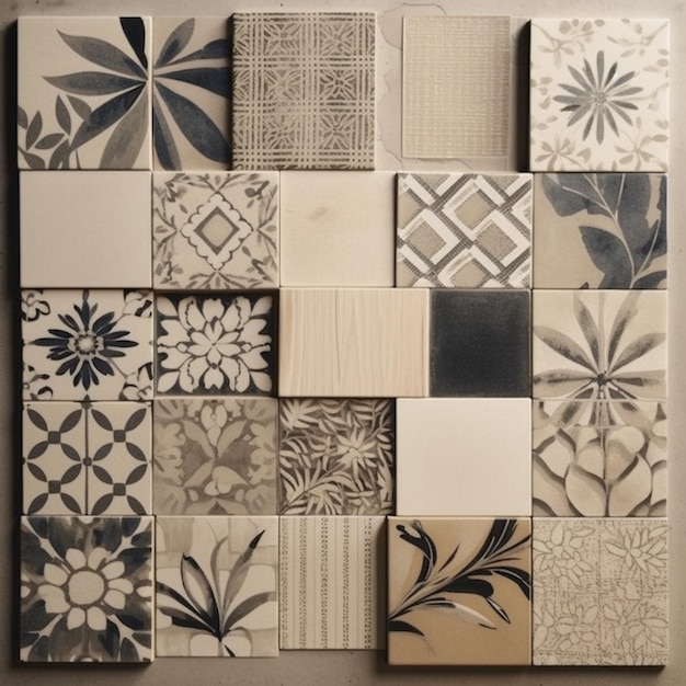 A collection of tiles with a flower pattern on them