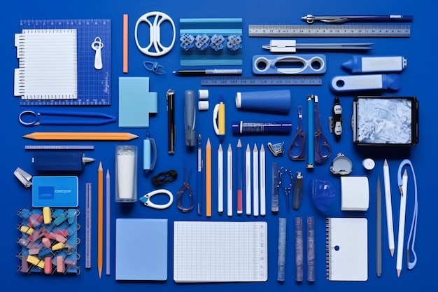 A collection of tools including a blue background with the supplies stationary