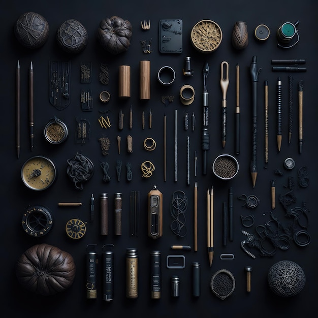 A collection of tools including a dart and arrow