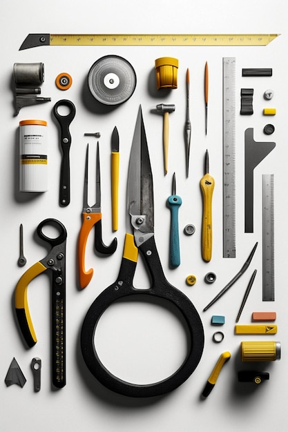 A collection of tools including a pair of scissors, a tape measure, and a pair of scissors.