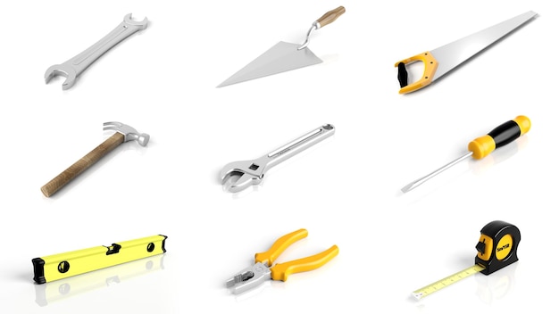 Collection of tools isolated on white background