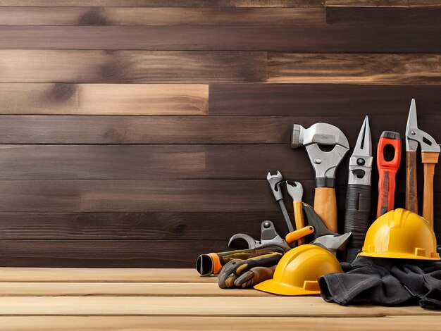 Photo a collection of tools and tools on a wooden table