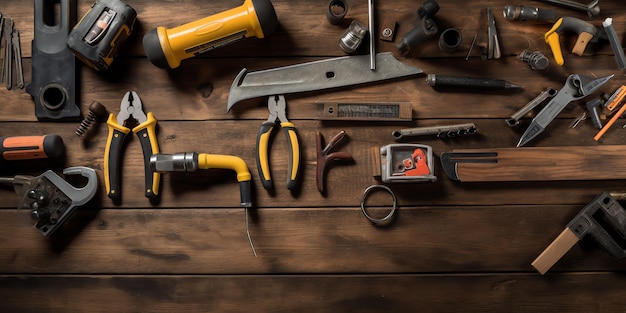 A collection of tools on a wooden table