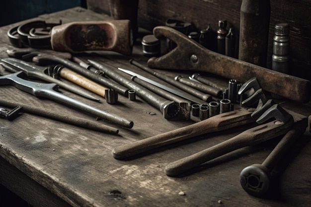 A collection of tools on a workbench