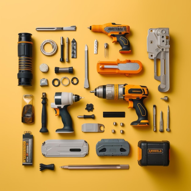 a collection of tools on a yellow background