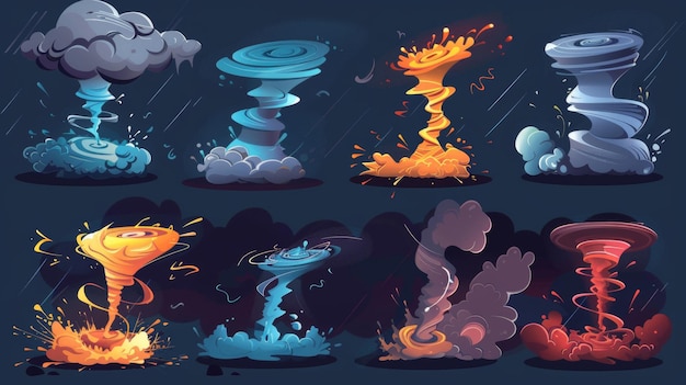 A collection of tornado cartoons illustrating various whirlwinds and hurricanes on a dark background Design set of modern illustration of a tornado funnel wind surrounded by dust and water whirl
