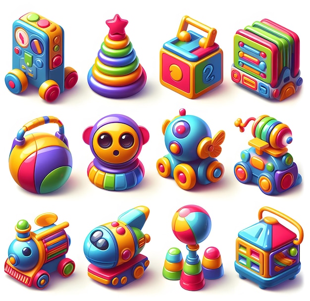 おもちゃの子供のためのキャラクターの1つを含むおもちゃのコレクション