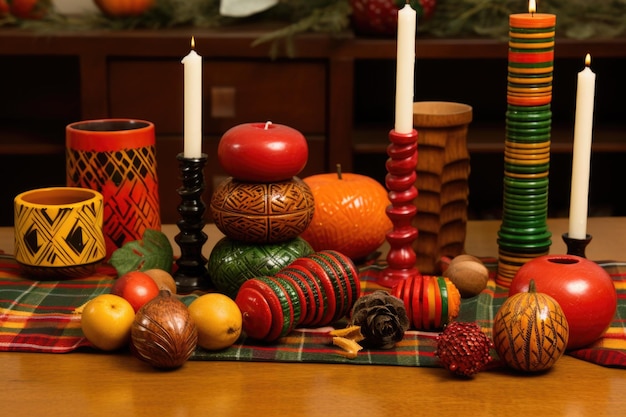 Photo collection of traditional african crafts symbolizing kwanzaa on wooden table