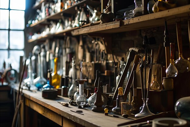 Collection of traditional glassblowing tools in a workshop