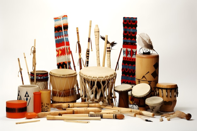 A collection of traditional Native American musical instruments such as rattles flutes and drums