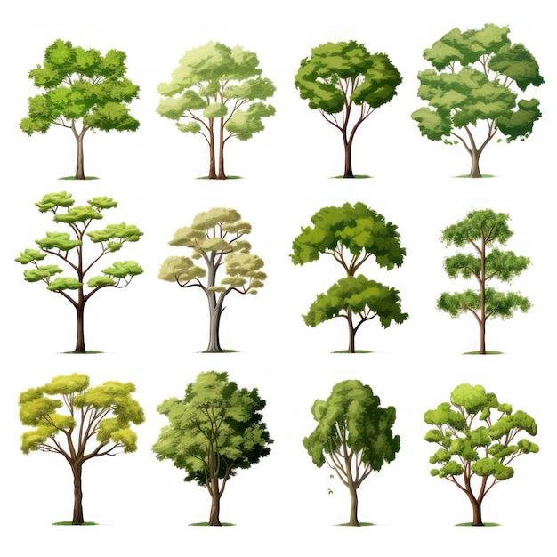 Collection of tree on white background