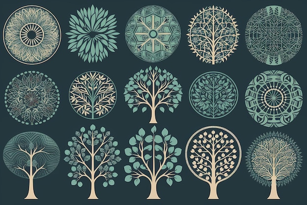 a collection of trees and leaves vector art illustration