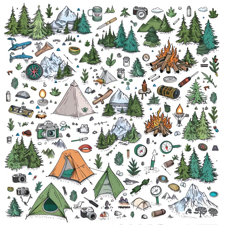 Photo a collection of trees and tents including a collection of tents and tents