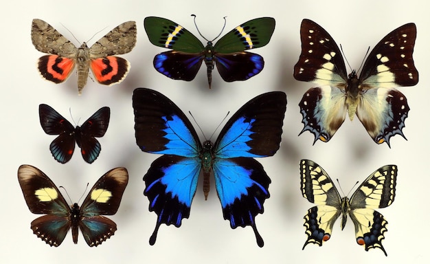 Collection tropical butterflies in different colors and shapes isolated. Entomological collection