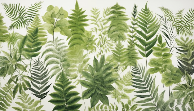 A collection of tropical ferns with intricate leaf isolated white background