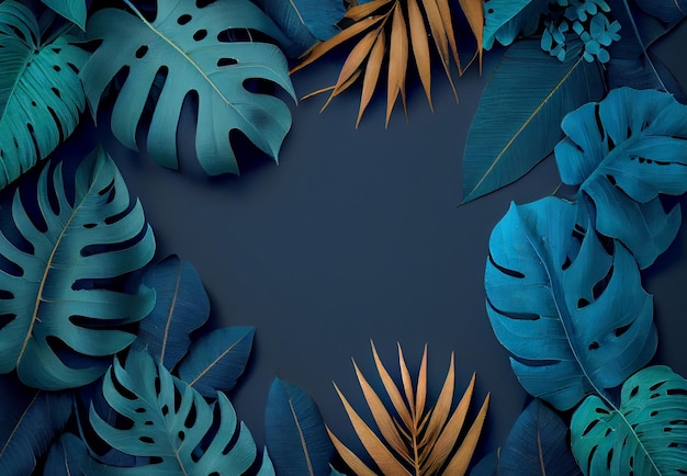 Collection of tropical leaves foliage plant in blue color with empty space background Abstract leaf