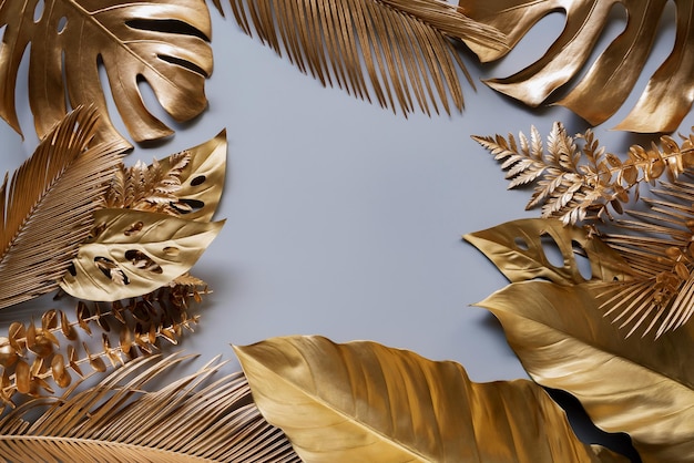 Collection of tropical leaves in gold color on black space backgroundAbstract leaf decoration desig