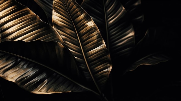 Collection of tropical leaves in gold color on black space backgroundAbstract leaf decoration design Generative Ai