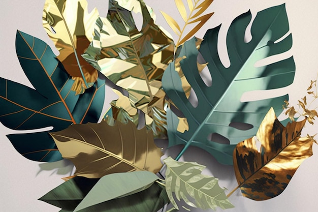 A collection of tropical leaves with gold and green colors.