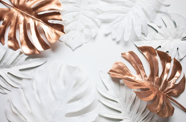 Collection of tropical leavesfoliage in elegance style with goldenwhite colorAbstract leaf decoration