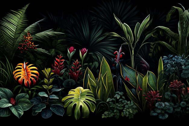 Photo a collection of tropical plants with leaves on a dark background