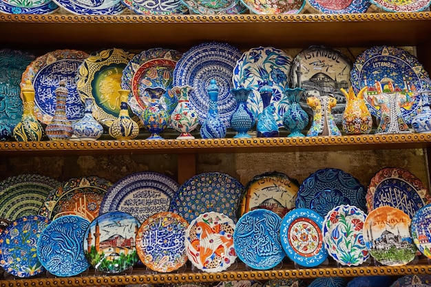 Collection of turkish ceramics on sale at the Grand Bazaar in Istanbul Turkey