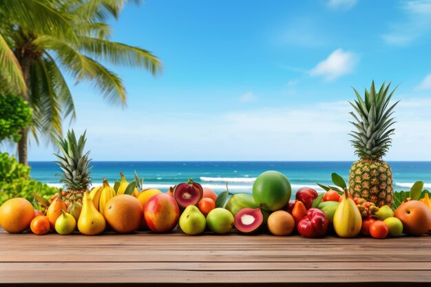 典型的な熱帯フルーツのコレクション - ビーチの美しい景色と木製のテーブル - 夏の熱帯休暇のコンセプト - AIが生成した