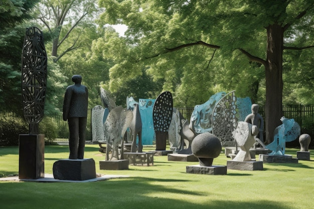 Collection of unique sculptures in a serene park setting created with generative ai