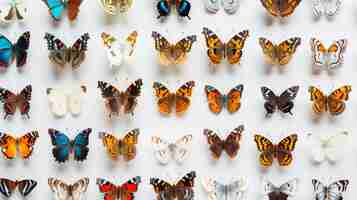 Photo collection of various butterfly species with different patterns and colors on a white background