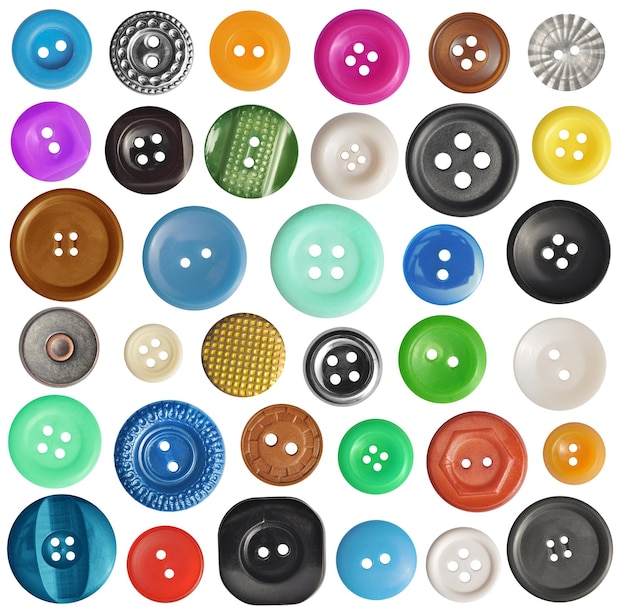 Photo collection of various buttons on white background each one is shot separately