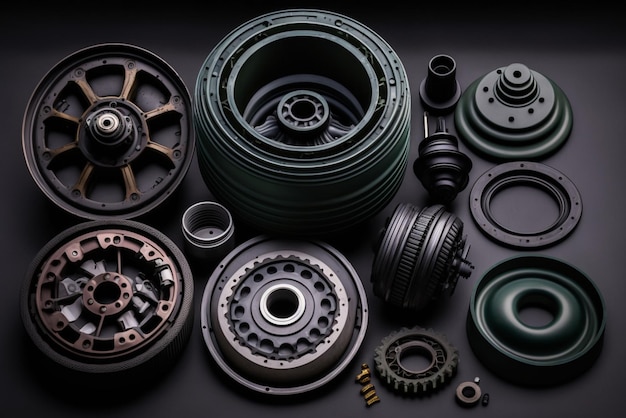 A collection of various car parts representing the automotive industry