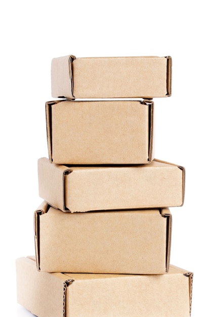 Collection of various cardboard boxes on white background.