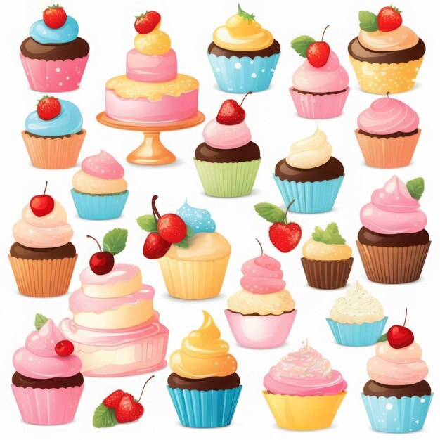 Foto collezione di vari cupcakes vettoriale illustrazione collezione di diversi cupcakes vettore illu