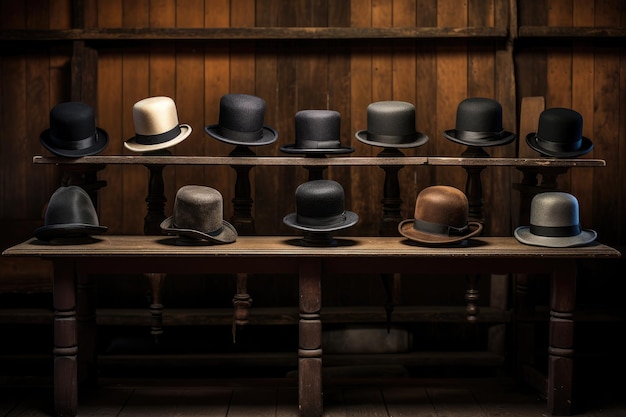 A collection of various hats arranged neatly on a wooden table showcasing an assortment of fashionable headgear options Bowler hats on an old wooden rack AI Generated