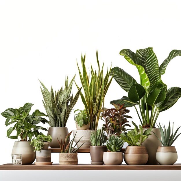 A collection of various houseplants on a shelf against a white background