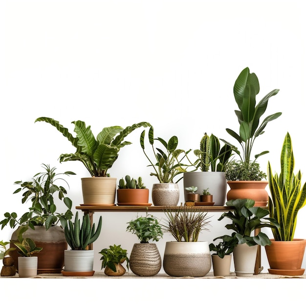 A collection of various houseplants on a wooden shelf against a white background