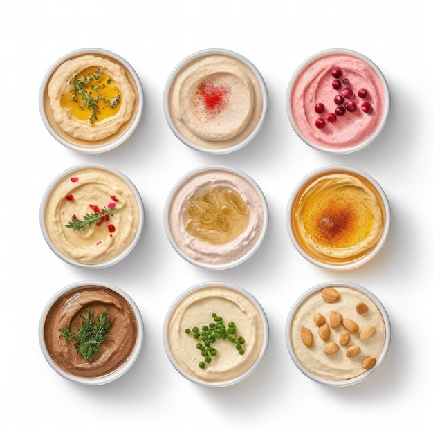 collection of various hummus in plastic containers isolated on white background