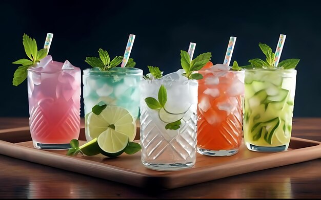 Collection of various mojito cocktails on a tray