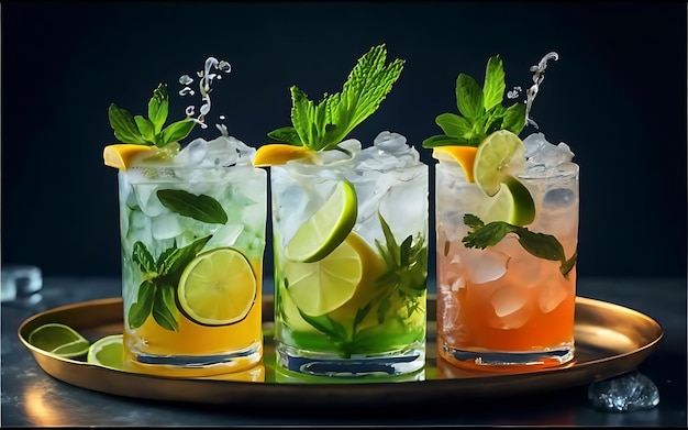 Collection of various mojito cocktails on a tray