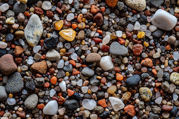 A collection of various rocks lying haphazardly on the surface of the ground Granular details of assorted grains of sand AI Generated